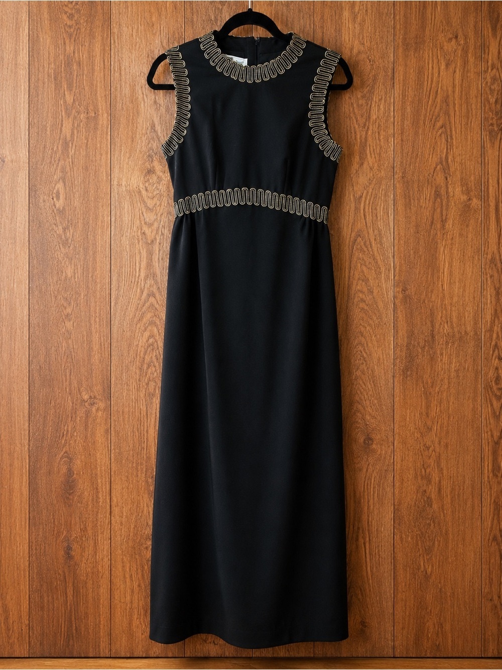 Vintage 1970s George Small New York Black Maxi Column Gown w/ Gold Soutache Trim - Picture 3 of 10